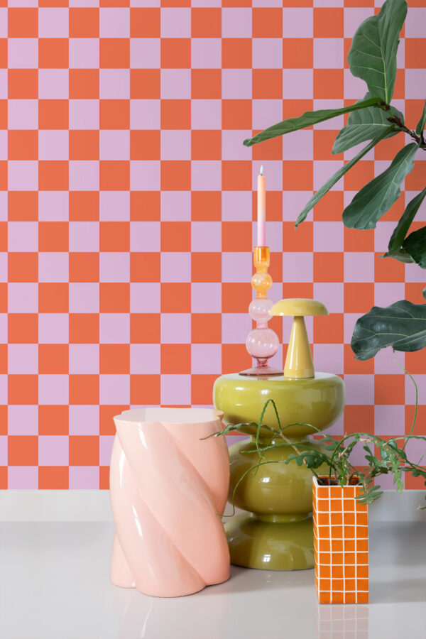 ESTAhome tapeet ruuduline motiiv - lilla ja oranž