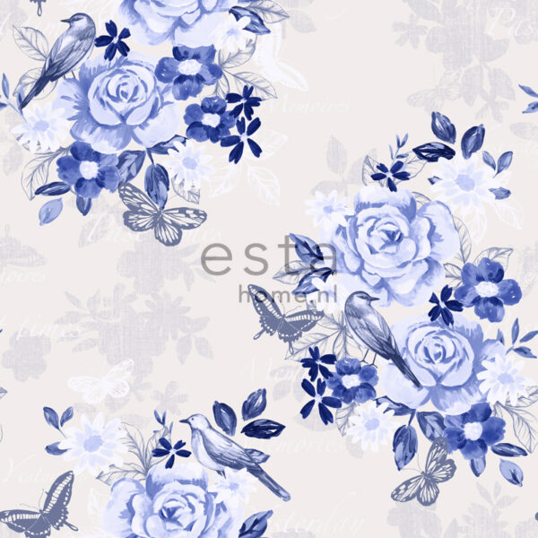 ESTAhome tapeet lilled ja linnud - indigo sinine