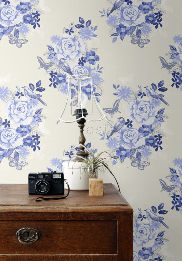 ESTAhome tapeet lilled ja linnud - indigo sinine