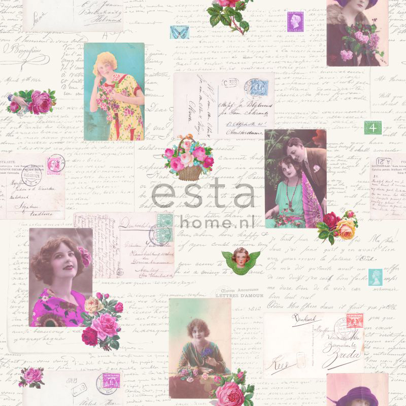 ESTAhome tapeet vintage postkaardid - roosa ja türkiis