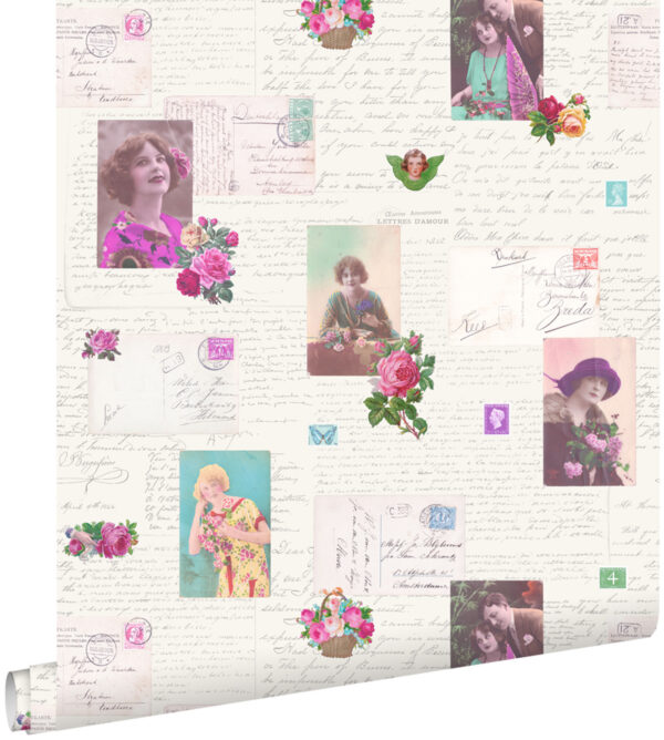 ESTAhome tapeet vintage postkaardid - roosa ja türkiis