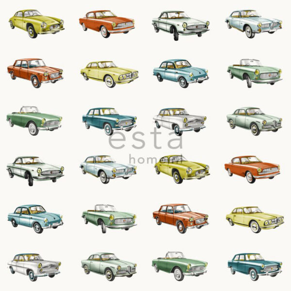 ESTAhome tapeet vintage autod - oranž, sinepikollane ja roheline