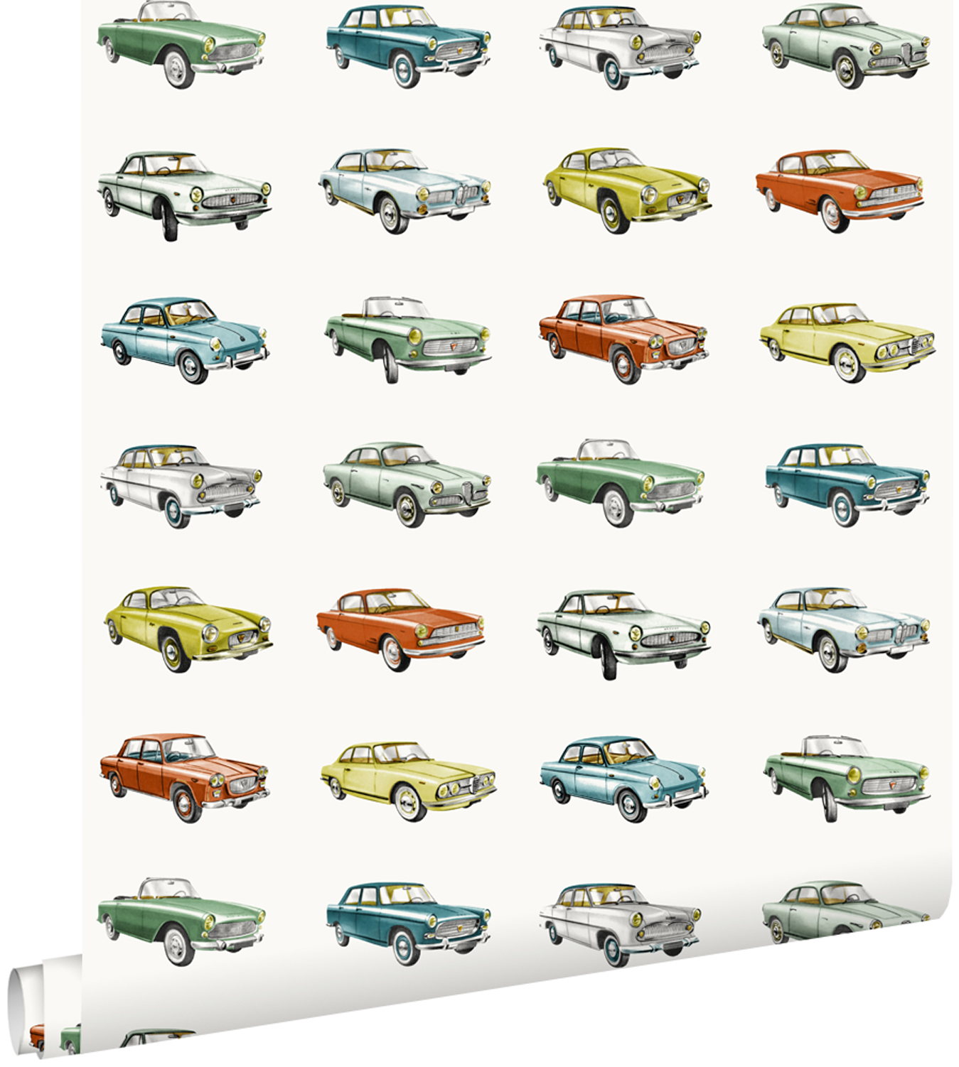 138732_r ESTAhome tapeet vintage autod - oranž, sinepikollane ja roheline