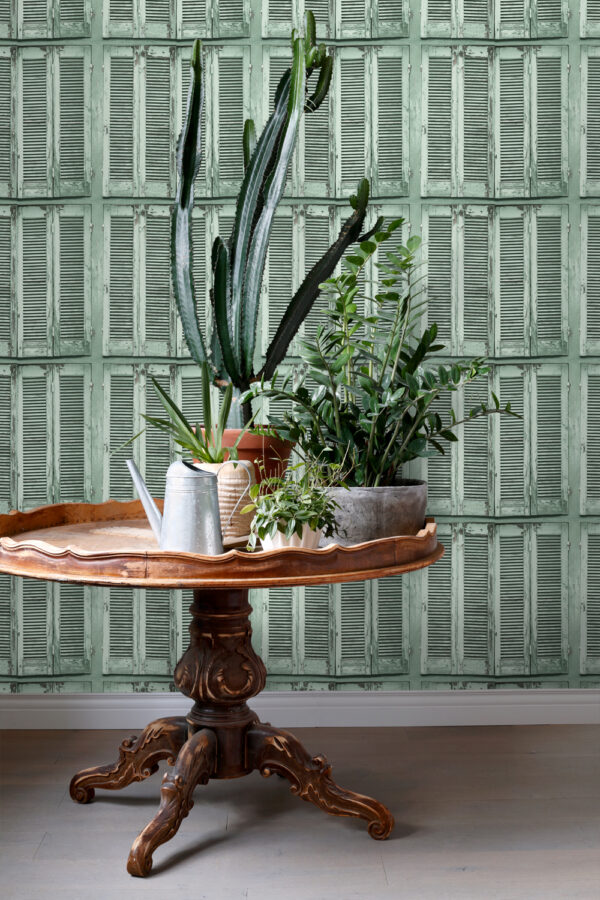 ESTAhome tapeet kulunud puidust prantsuse vintage louvre rulood - hallikas roheline