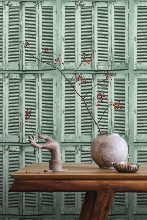 ESTAhome tapeet kulunud puidust prantsuse vintage louvre rulood - hallikas roheline