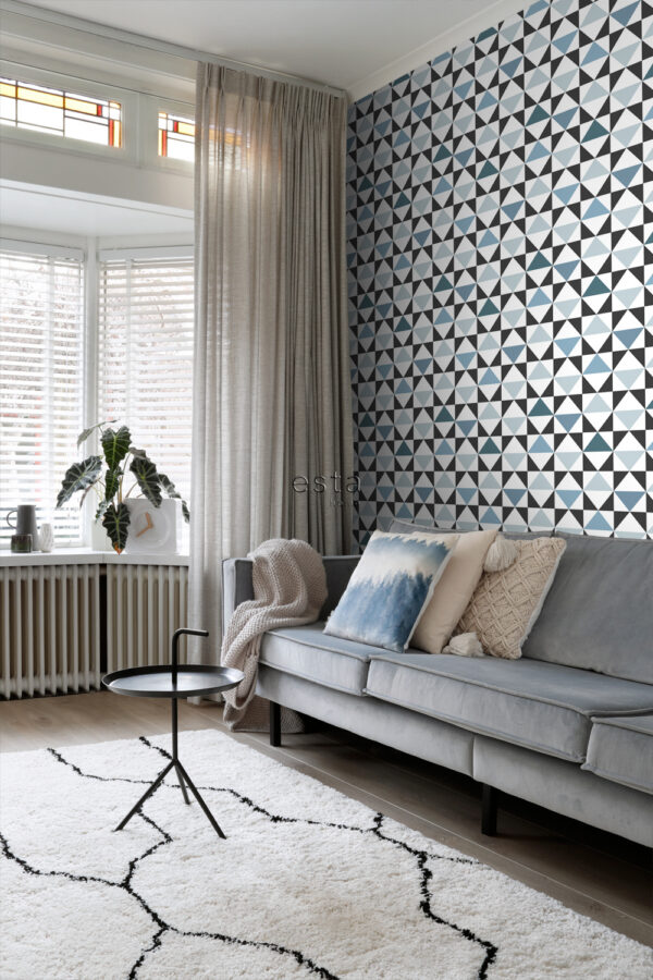 ESTAhome graafilised kolmnurgad tapeet - valge, must, vintage sinine ja hele sinine