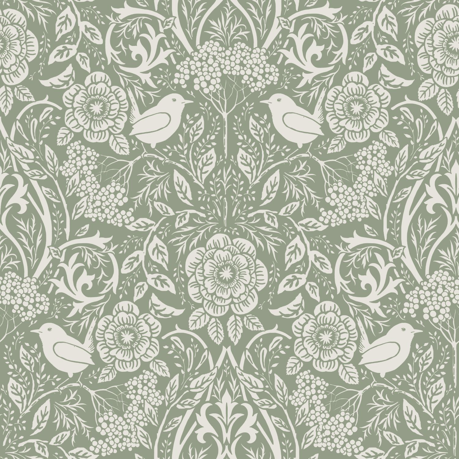 ESTAhome tapeet lilled ja linnud art nouveau stiilis hallikasroheline