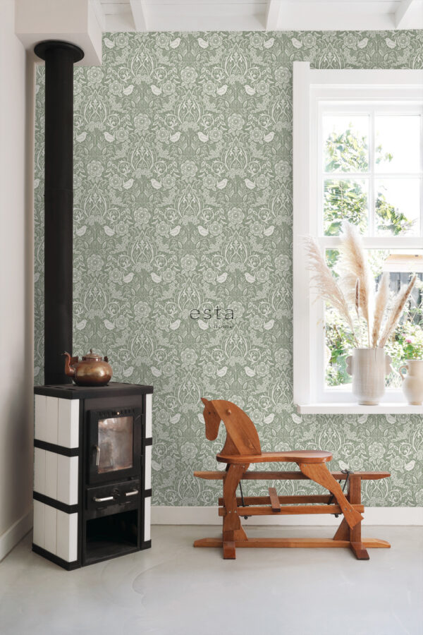 ESTAhome tapeet lilled ja linnud art nouveau stiilis hallikasroheline