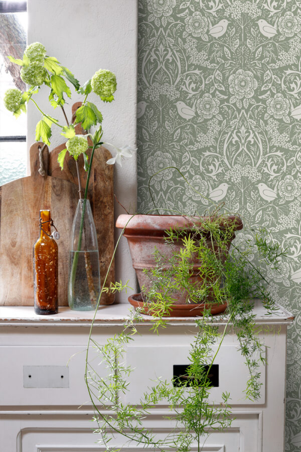 ESTAhome tapeet lilled ja linnud art nouveau stiilis hallikasroheline