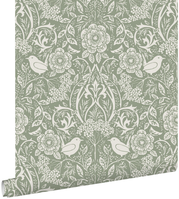 ESTAhome tapeet lilled ja linnud art nouveau stiilis hallikasroheline