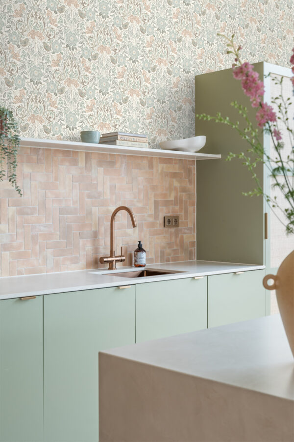 ESTAhome tapeet lilled ja linnud art nouveau stiilis - hallikasroheline, pruun ja virsikuroosa