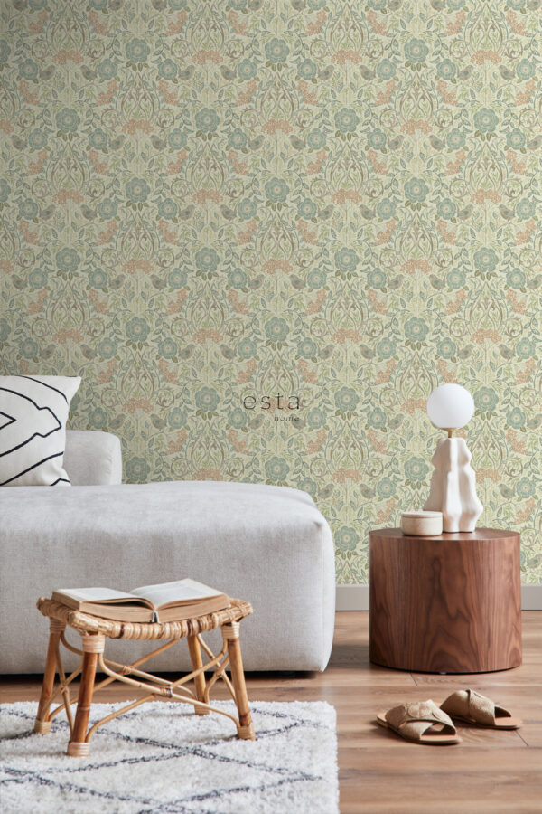 ESTAhome tapeet lilled ja linnud art nouveau stiilis - tuhmunud sinine, pruun ja antiikroosa
