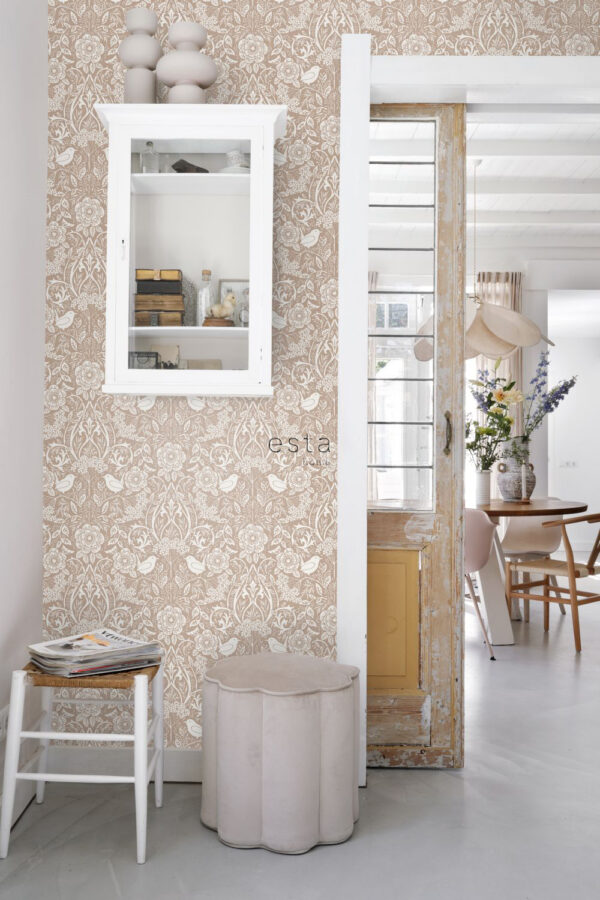 ESTAhome tapeet lilled ja linnud art nouveau stiilis alasti ja valge