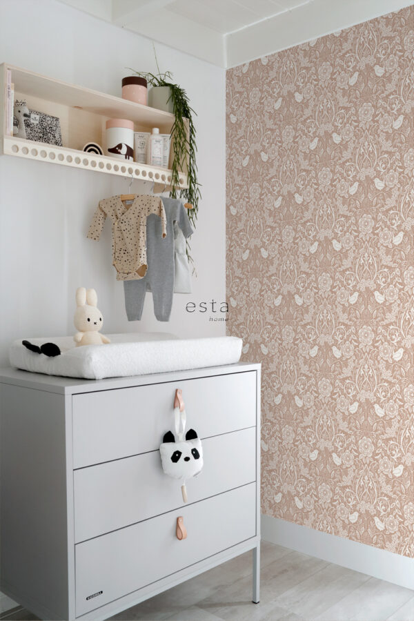ESTAhome tapeet lilled ja linnud art nouveau stiilis alasti ja valge