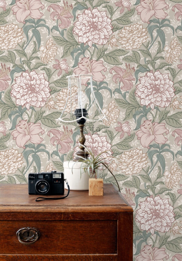 ESTAhome tapeet vintage lilled - antiikroosa ja hallikasroheline