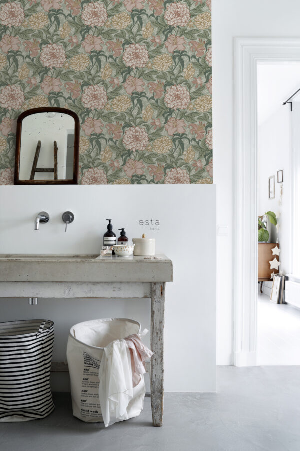 ESTAhome tapeet vintage lilled - roheline ja antiikroosa