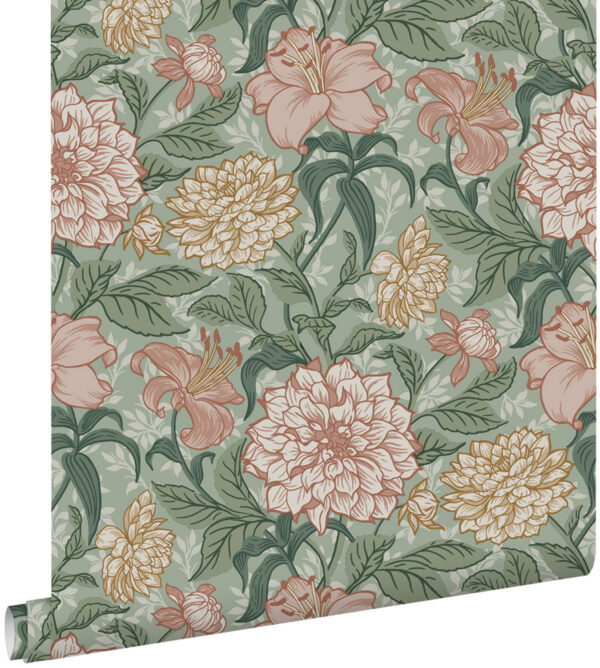 ESTAhome tapeet vintage lilled - roheline ja antiikroosa