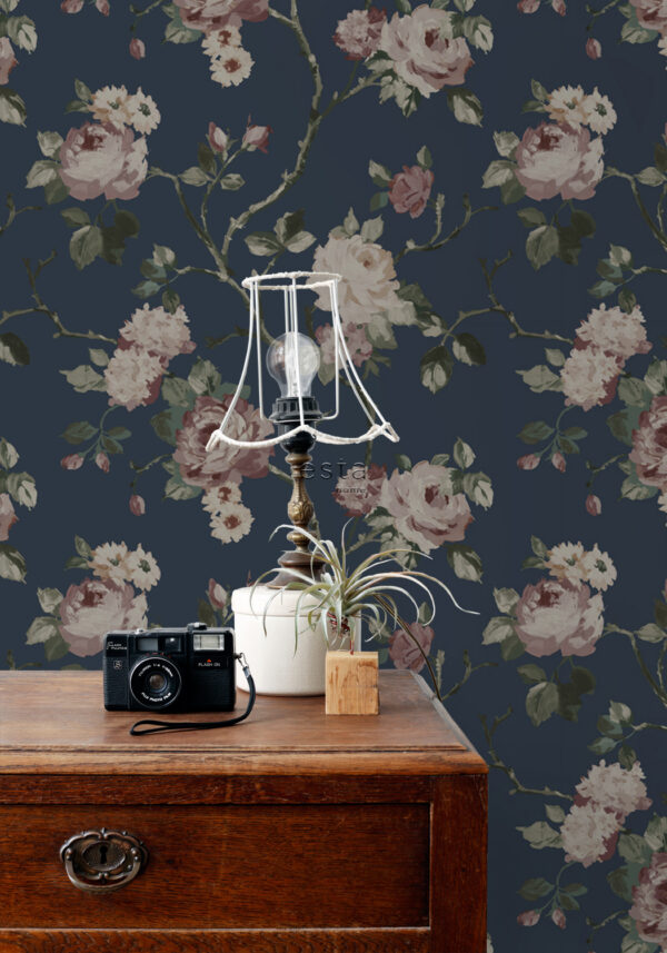 ESTAhome tapeet vintage lilled - tumesinine ja antiikroosa