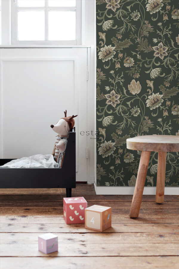 ESTAhome tapeet vintage lilled - must ja roheline