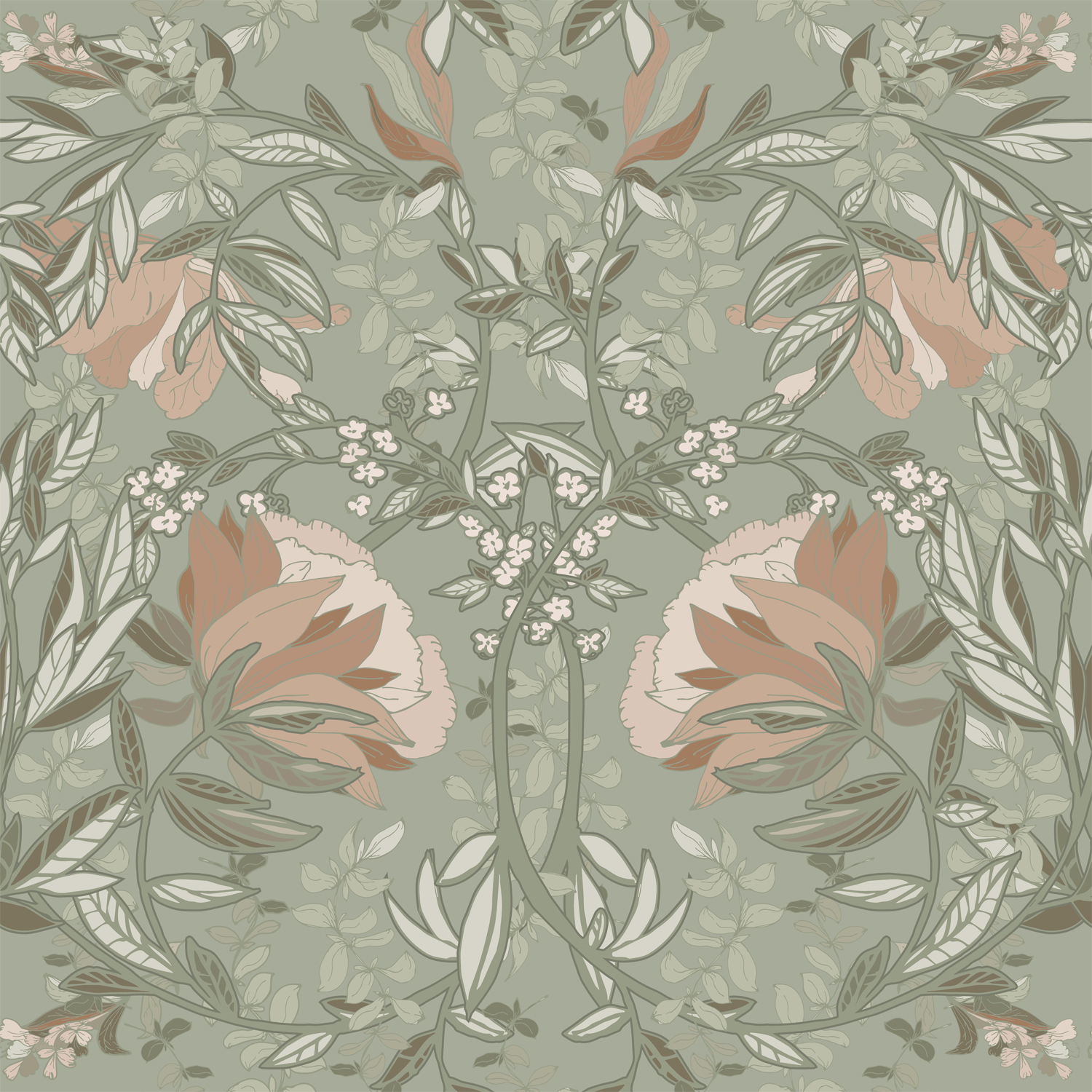 ESTAhome tapeet vintage lilled art nouveau stiilis - hallikasroheline ja antiikroosa