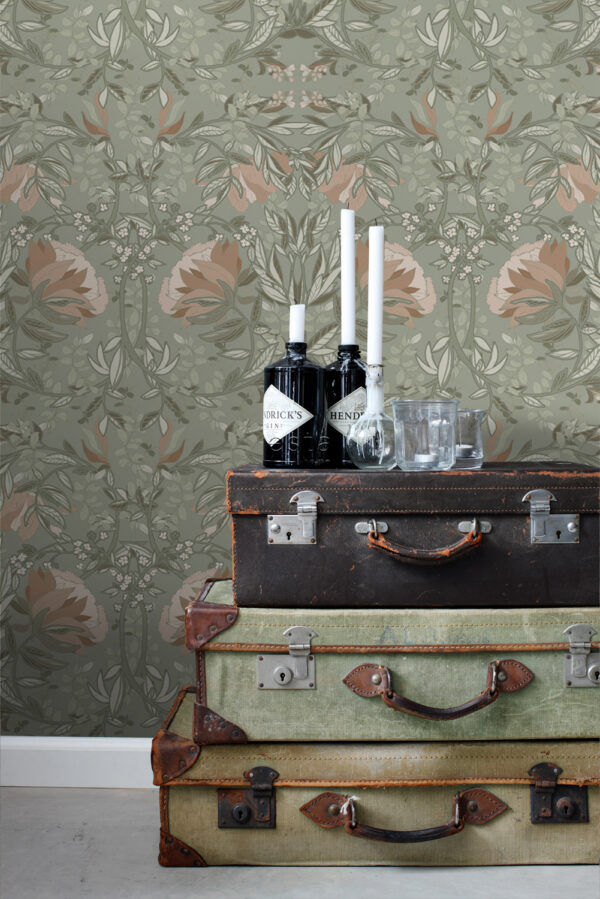 ESTAhome tapeet vintage lilled art nouveau stiilis - hallikasroheline ja antiikroosa