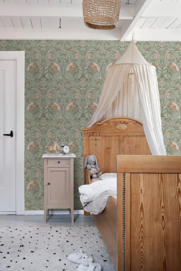 ESTAhome tapeet vintage lilled art nouveau stiilis - hallikasroheline ja antiikroosa
