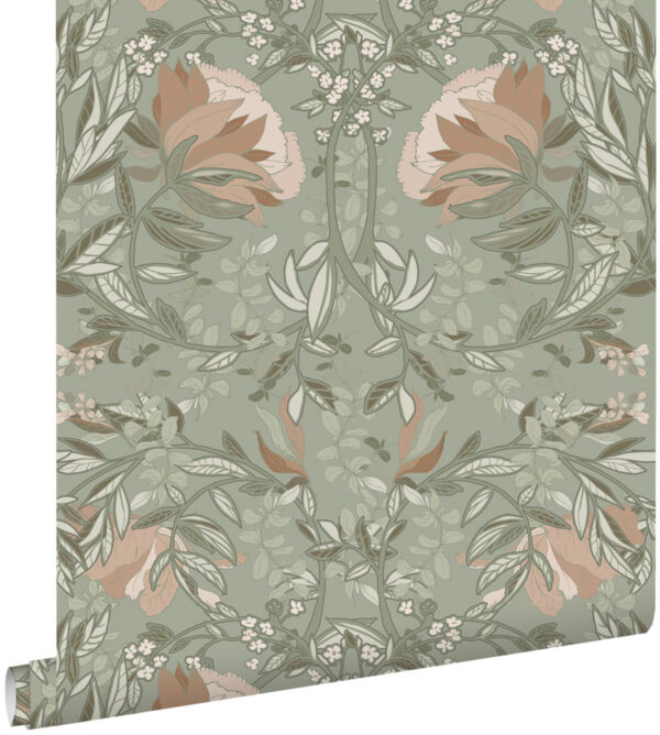 ESTAhome tapeet vintage lilled art nouveau stiilis - hallikasroheline ja antiikroosa