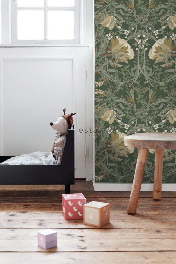 ESTAhome tapeet vintage lilled art nouveau stiilis - tume roheline