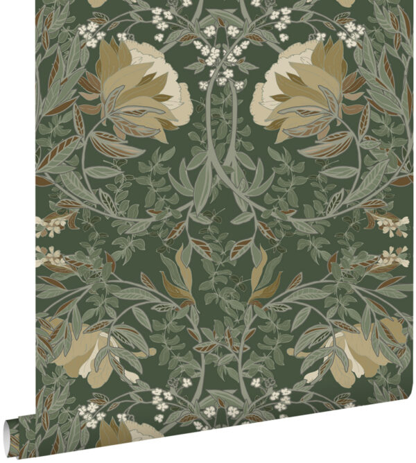 ESTAhome tapeet vintage lilled art nouveau stiilis - tume roheline