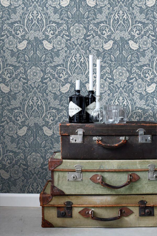 ESTAhome tapeet lilled ja linnud art nouveau stiilis - tuhmunud vintage sinine