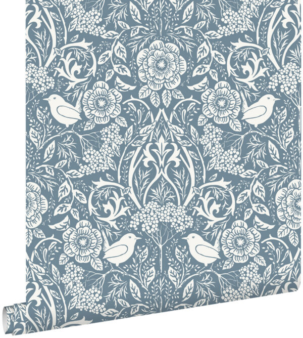 ESTAhome tapeet lilled ja linnud art nouveau stiilis - tuhmunud vintage sinine