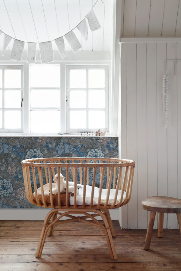 ESTAhome tapeet vintage lilled - tuhmunud sinine ja soe hall
