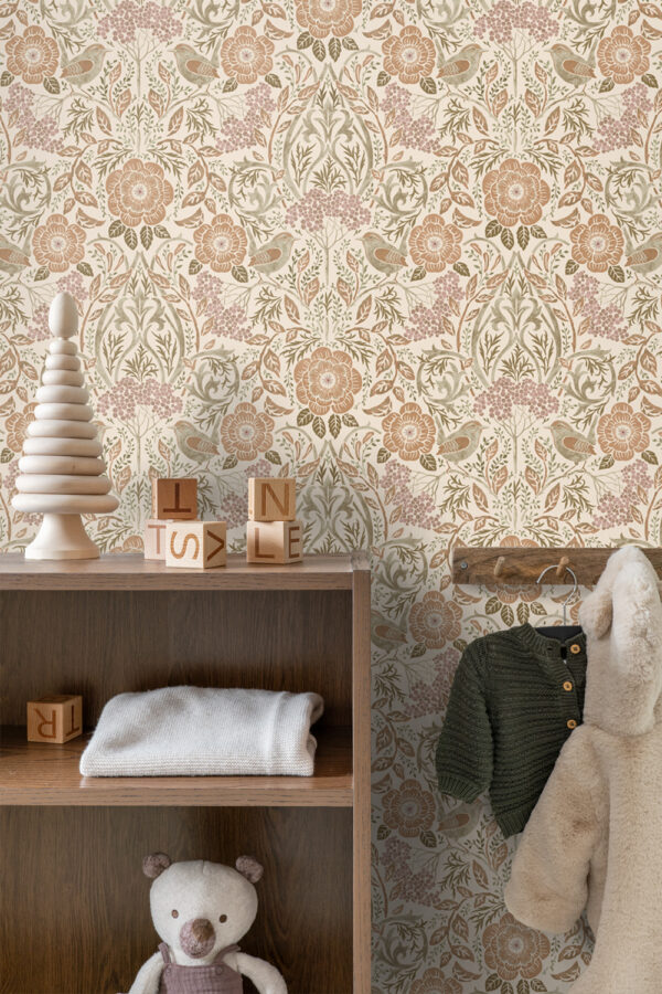ESTAhome tapeet lilled ja linnud art nouveau stiilis - liivakarva, beež ja antiikroosa