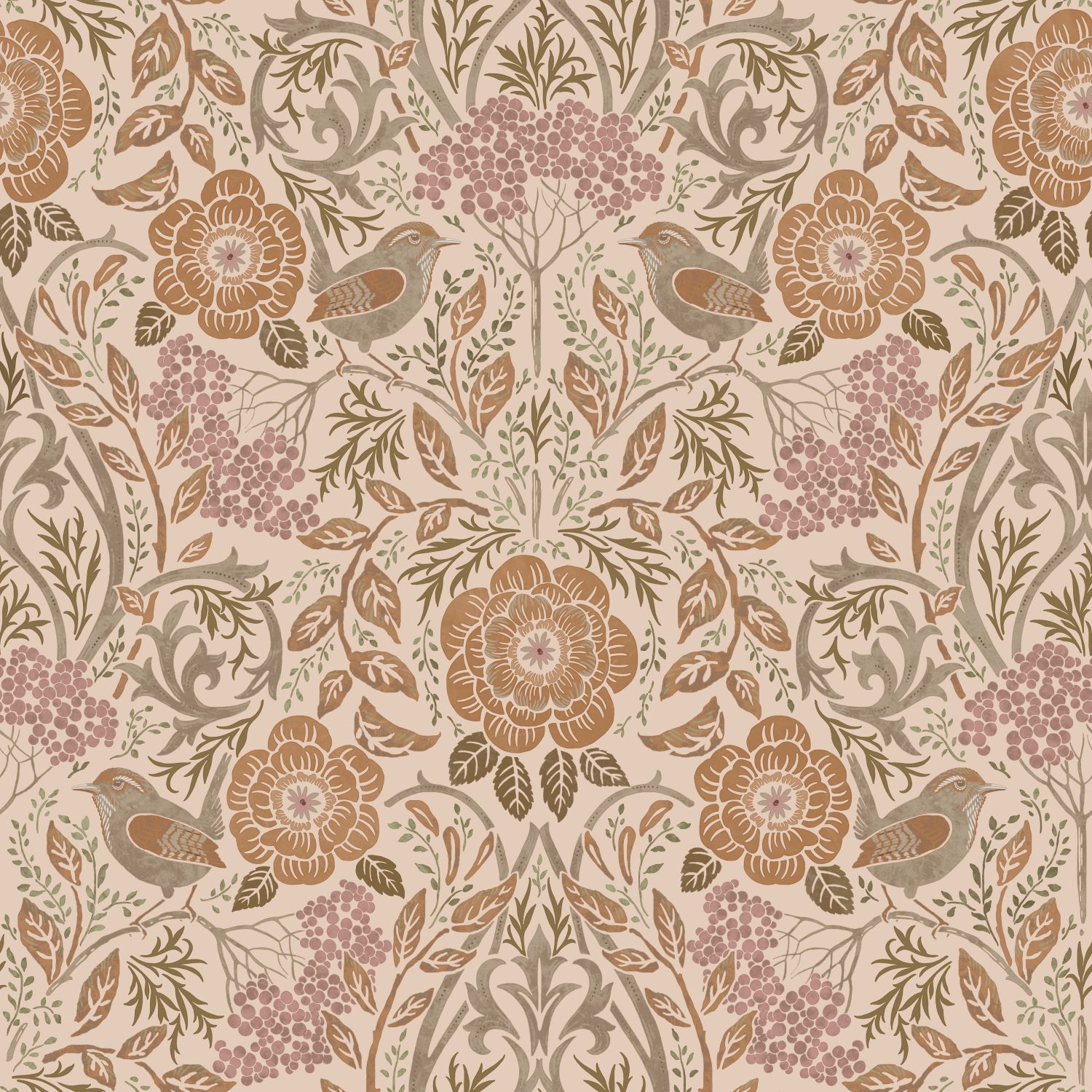 ESTAhome tapeet lilled ja linnud art nouveau stiilis - beež, terrakota ja antiikroosa