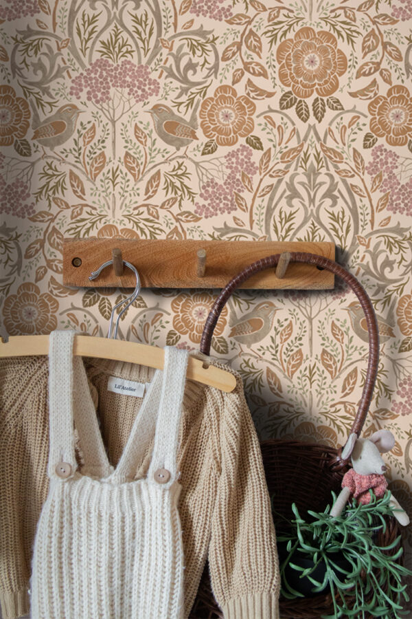 ESTAhome tapeet lilled ja linnud art nouveau stiilis - beež, terrakota ja antiikroosa