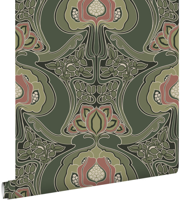 ESTAhome tapeet vintage lilled art nouveau stiilis - tume roheline