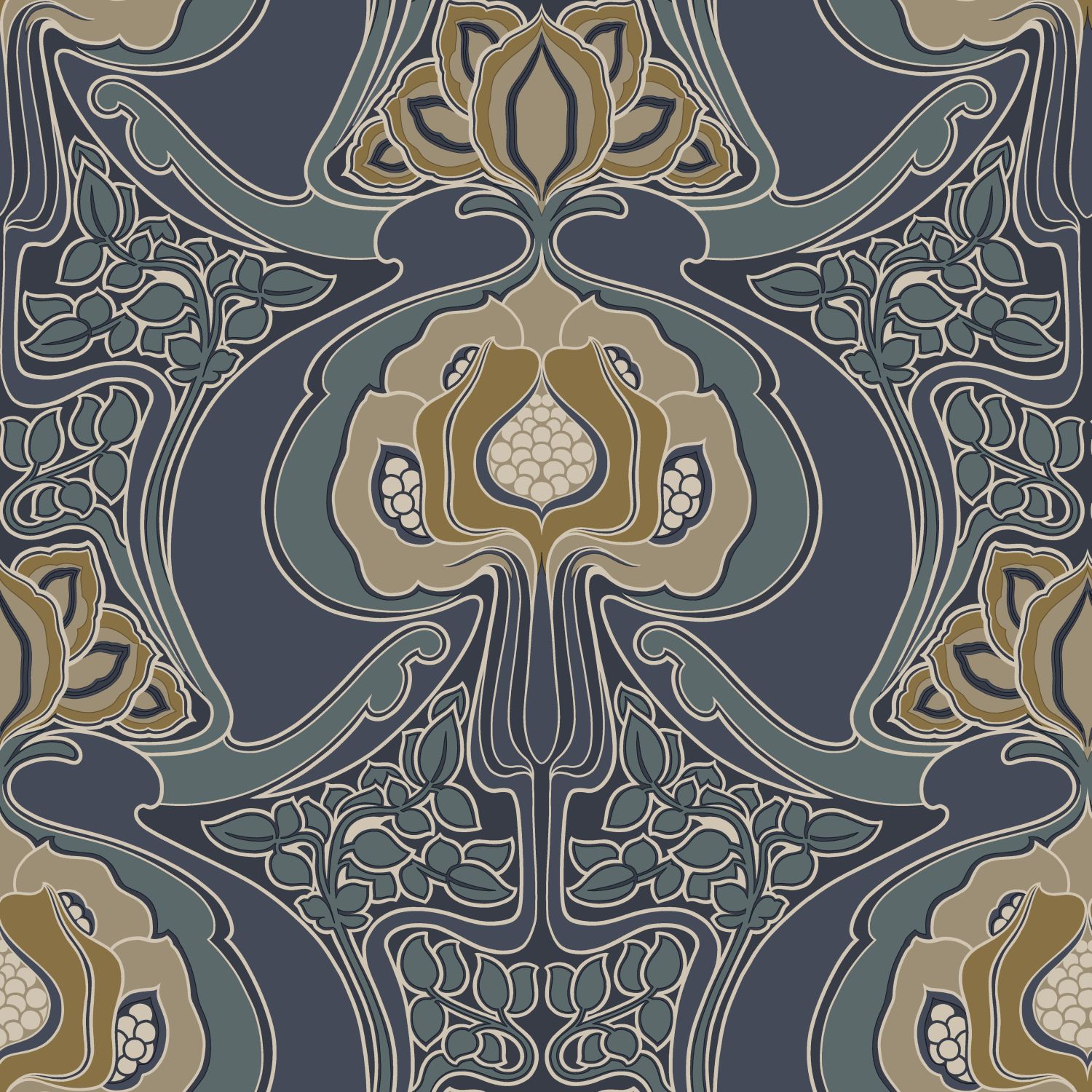 ESTAhome tapeet vintage lilled art nouveau stiilis - hallikas vintage sinine