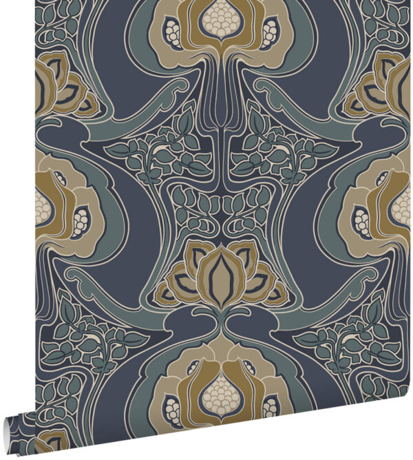 ESTAhome tapeet vintage lilled art nouveau stiilis - hallikas vintage sinine