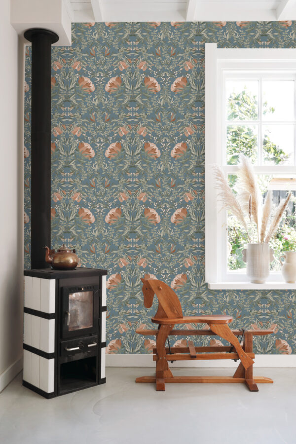 ESTAhome tapeet vintage lilled art nouveau stiilis - tuhmunud vintage sinine