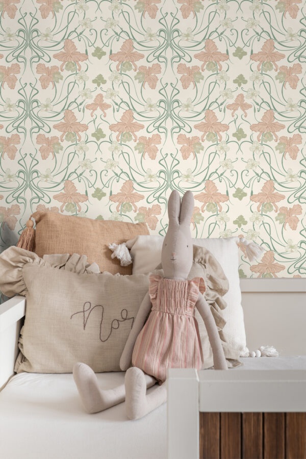 ESTAhome tapeet vintage lilled art nouveau stiilis - kreemvalge, pehme roosa ja hallikasroheline