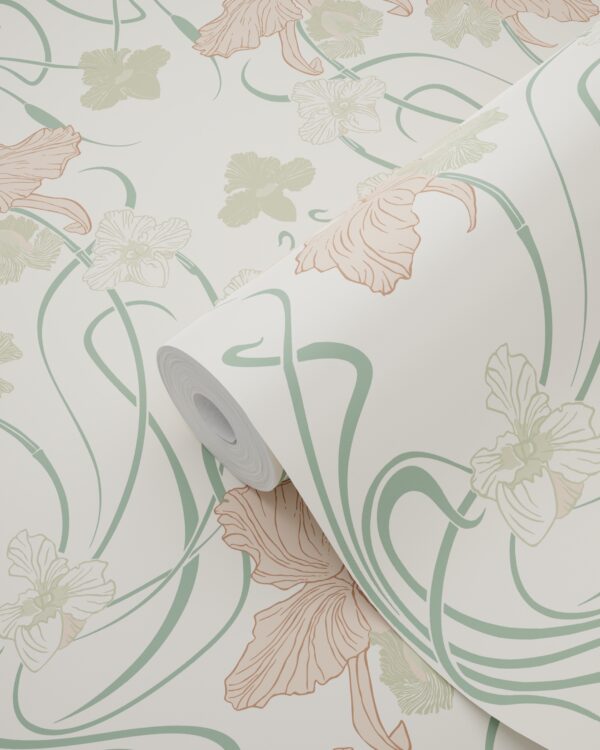 ESTAhome tapeet vintage lilled art nouveau stiilis - kreemvalge, pehme roosa ja hallikasroheline