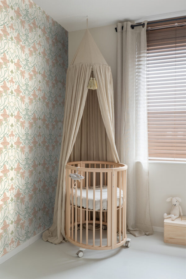 ESTAhome tapeet vintage lilled art nouveau stiilis - kreemvalge, pehme roosa ja hallikasroheline