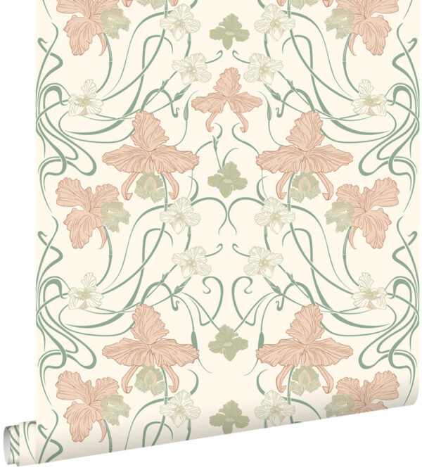ESTAhome tapeet vintage lilled art nouveau stiilis - kreemvalge, pehme roosa ja hallikasroheline