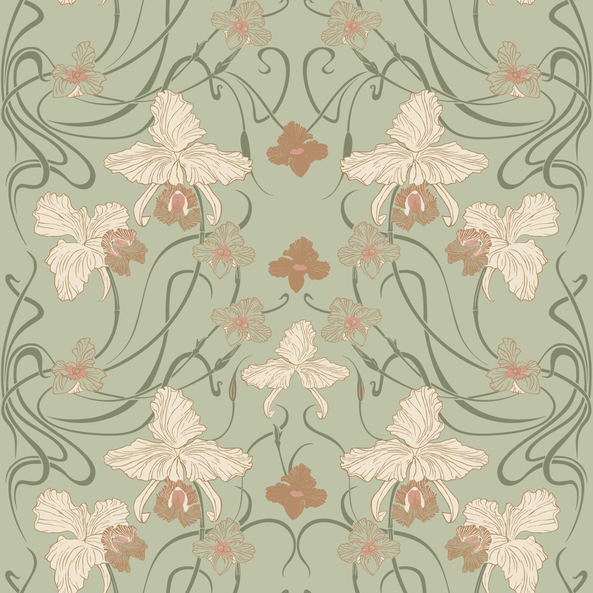 ESTAhome tapeet vintage lilled art nouveau stiilis - hallikasroheline ja terrakota