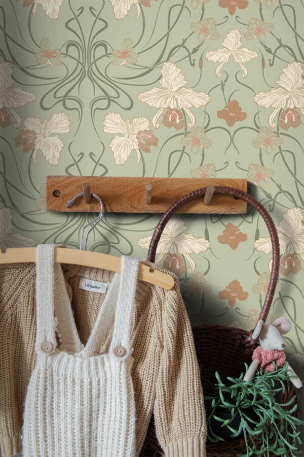 ESTAhome tapeet vintage lilled art nouveau stiilis - hallikasroheline ja terrakota