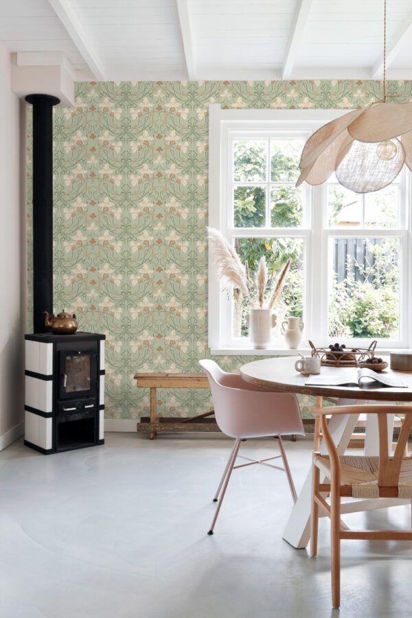 ESTAhome tapeet vintage lilled art nouveau stiilis - hallikasroheline ja terrakota