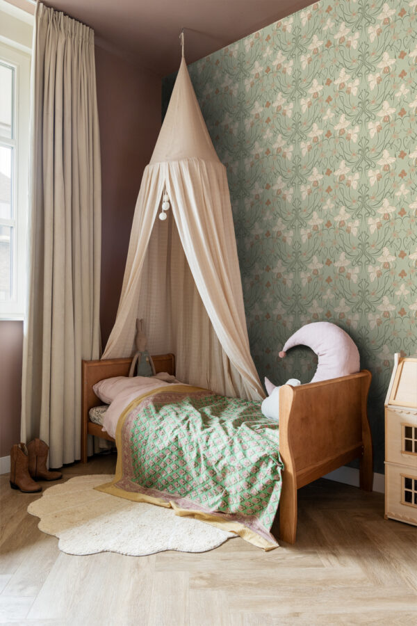 ESTAhome tapeet vintage lilled art nouveau stiilis - hallikasroheline ja terrakota