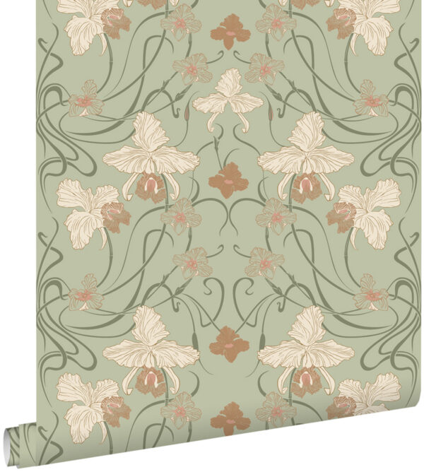 ESTAhome tapeet vintage lilled art nouveau stiilis - hallikasroheline ja terrakota