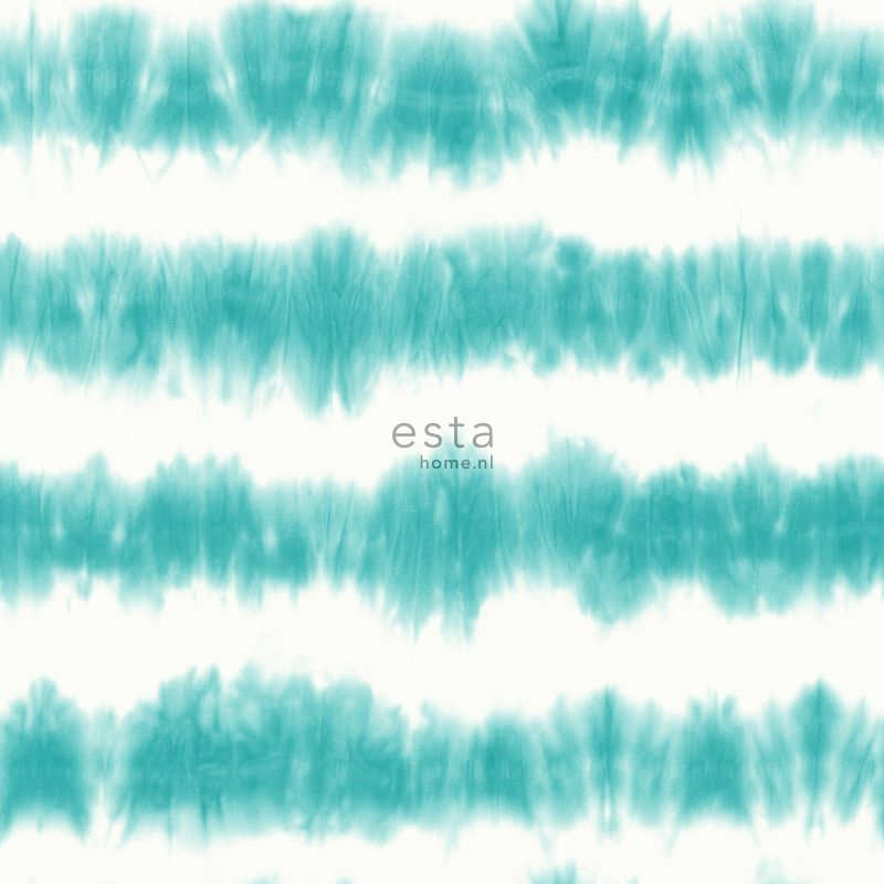 ESTAhome tapeet horisontaalsed tie-dye shibori triibud - intensiivne türkiis ja matt valge