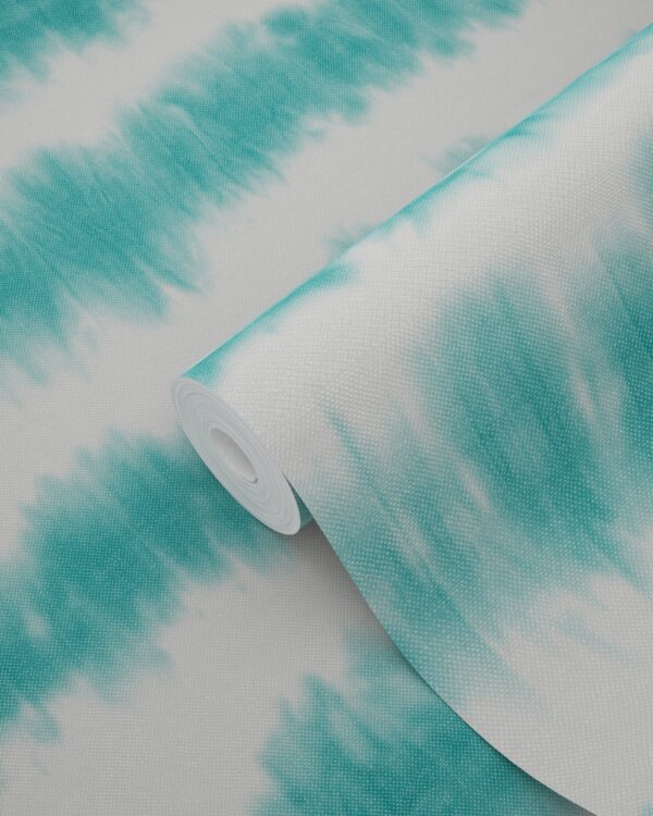 ESTAhome tapeet horisontaalsed tie-dye shibori triibud - intensiivne türkiis ja matt valge